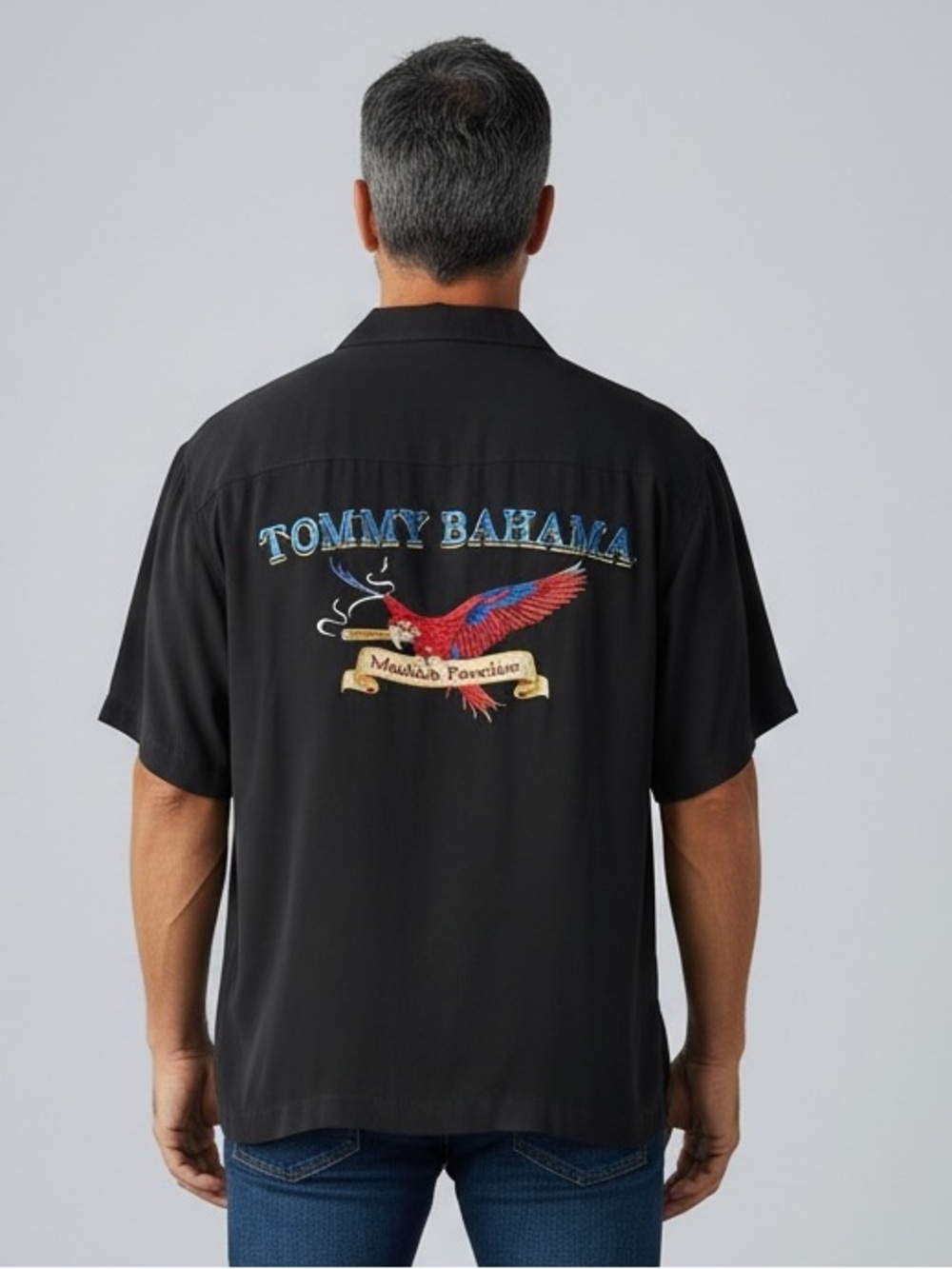 Tommy Bahama Silk Black Cotton down Shirt Parrot Size Medium